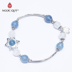 Vòng thạch anh ưu linh trắng phối aquamarine charm bạc