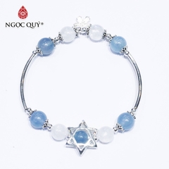 Vòng thạch anh ưu linh trắng phối aquamarine charm bạc
