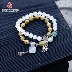 Vòng 2 line thạch anh tóc vàng phối thạch anh ưu linh trắng charm bạc
