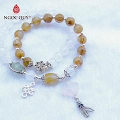 Vòng 2 line thạch anh tóc vàng phối thạch anh ưu linh trắng charm bạc