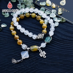 Vòng 2 line thạch anh tóc vàng phối thạch anh ưu linh trắng charm bạc