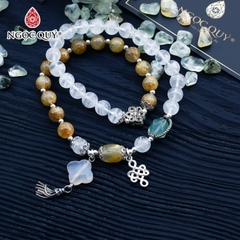 Vòng 2 line thạch anh tóc vàng phối thạch anh ưu linh trắng charm bạc