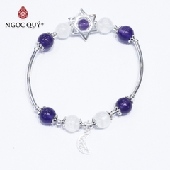 Vòng thạch anh ưu linh trắng phối thạch anh tím charm bạc
