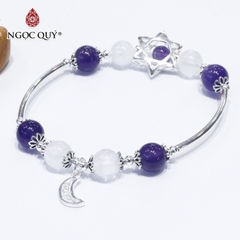 Vòng thạch anh ưu linh trắng phối thạch anh tím charm bạc
