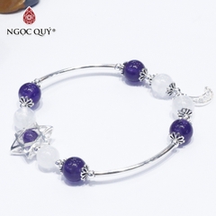 Vòng thạch anh ưu linh trắng phối thạch anh tím charm bạc