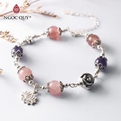 Lắc bạc đá thạch anh hồng & tím mix charm bạc