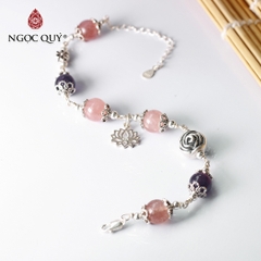 Lắc bạc đá thạch anh hồng & tím mix charm bạc