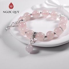 Vòng tay đá thạch anh hồng mix charm bạc hạt 10mm