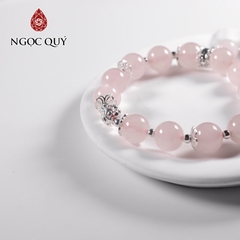 Vòng tay đá thạch anh hồng mix charm bạc hạt 10mm