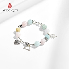 Vòng tay phong thủy đá beryl phối charm cỏ 4 lá bạc