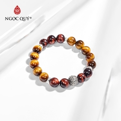 Vòng tay phong thủy đá mắt hổ vàng nâu phối charm tròn bạc