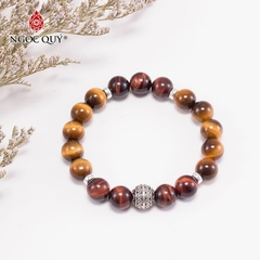 Vòng tay phong thủy đá mắt hổ vàng nâu phối charm tròn bạc