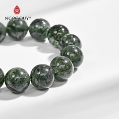 Vòng tay phong thủy đá thạch anh tóc xanh phối charm bạc hạt 14mm