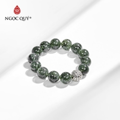 Vòng tay phong thủy đá thạch anh tóc xanh phối charm bạc hạt 14mm