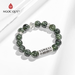 Vòng tay phong thủy đá thạch anh tóc xanh phối charm kết đồng tâm bạc hạt 12mm