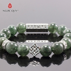 Vòng tay phong thủy đá thạch anh tóc xanh phối charm kết đồng tâm bạc hạt 12mm