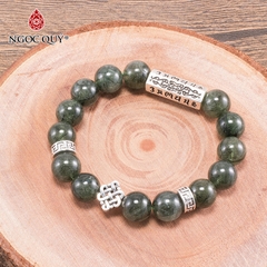 Vòng tay phong thủy đá thạch anh tóc xanh phối charm kết đồng tâm bạc hạt 12mm