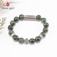 Vòng tay phong thủy đá thạch anh tóc xanh phối charm kết đồng tâm bạc hạt 12mm