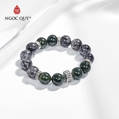 Vòng tay phong thủy đá thạch anh tóc xanh phối charm lục tự hạt 12mm