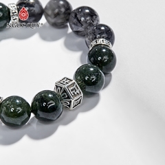 Vòng tay phong thủy đá thạch anh tóc xanh phối charm lục tự hạt 12mm