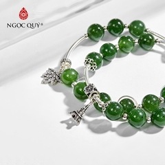 Vòng tay phong thủy 2 line đá ngọc bích phối charm khóa trái tim hạt 8mm