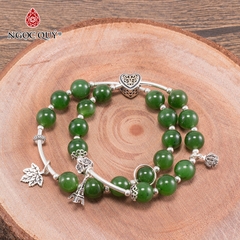 Vòng tay phong thủy 2 line đá ngọc bích phối charm khóa trái tim hạt 8mm