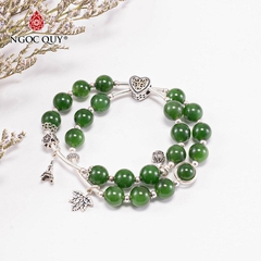 Vòng tay phong thủy 2 line đá ngọc bích phối charm khóa trái tim hạt 8mm