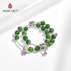 Vòng tay phong thủy 2 line đá ngọc bích phối charm khóa trái tim hạt 8mm