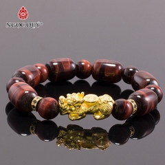 Vòng tay phong thủy đá mắt hổ nâu đỏ phối charm tỳ hưu bạc mạ vàng