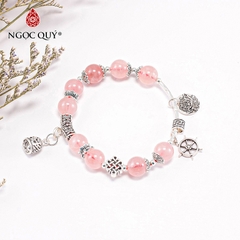 Vòng tay phong thủy đá thạch anh hồng phối charm chuông bạc hạt 8mm