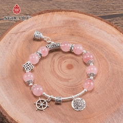 Vòng tay phong thủy đá thạch anh hồng phối charm chuông bạc hạt 8mm