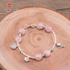 Vòng tay phong thủy đá thạch anh hồng phối charm hồ ly bạc hạt 10mm