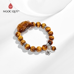 Vòng tay phong thủy đá mắt hổ vàng nâu phối charm hồ ly và hoa 5 cánh bạc hạt 10mm