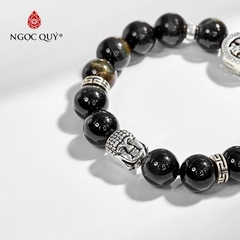 Vòng tay phong thủy đá mắt hổ xanh đen phối charm phật bạc hạt 10mm