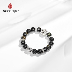 Vòng tay phong thủy đá mắt hổ xanh đen phối charm phật bạc hạt 10mm