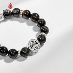 Vòng tay phong thủy đá mắt hổ xanh đen phối charm phật bạc hạt 10mm