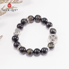 Vòng tay phong thủy đá mắt hổ xanh đen phối charm phật bạc hạt 10mm