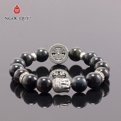 Vòng tay phong thủy đá mắt hổ xanh đen phối charm phật bạc hạt 10mm