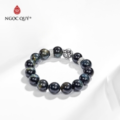 Vòng tay phong thủy đá mắt hổ xanh đen phối charm phật di lặc hạt 12mm