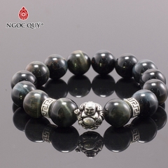 Vòng tay phong thủy đá mắt hổ xanh đen phối charm phật di lặc hạt 12mm