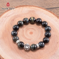 Vòng tay phong thủy đá mắt hổ xanh đen phối charm phật di lặc hạt 12mm