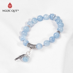 Vòng tay phong thủy đá aquamarine charm bàn tay hamsa hạt 8mm mệnh thủy, mộc