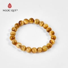 Vòng tay phong thủy đá mắt hổ vàng tâm phối charm lục tự bạc mạ vàng hạt 8mm