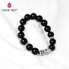 Vòng tay phong thủy đá obsidian phối charm tỳ hưu bạc hạt 12mm