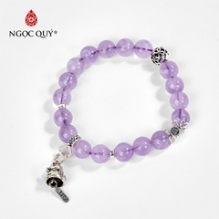 Vòng tay phong thủy đá thạch anh tím ngọc phối charm mèo thần tài hạt 8mm