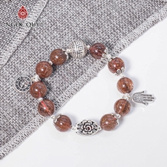 Vòng tay phong thủy đá thạch anh tóc đỏ phối charm đồng hồ bạc hạt 11mm