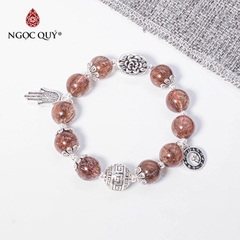 Vòng tay phong thủy đá thạch anh tóc đỏ phối charm đồng hồ bạc hạt 11mm