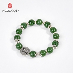 Vòng tay phong thủy đá ngọc bích phối charm bánh xe pháp luân hạt 10mm