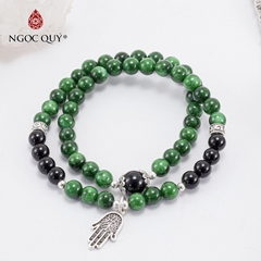 Vòng tay phong thủy 2 line đá cẩm thạch sơn thủy phối charm bạc hạt 6mm hợp mệnh hỏa, mộc