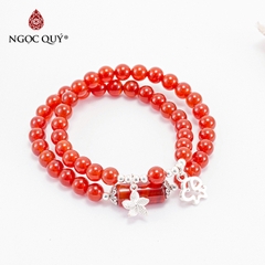 Vòng tay phong thủy 2 line đá mã não đỏ charm bạc hạt 6mm